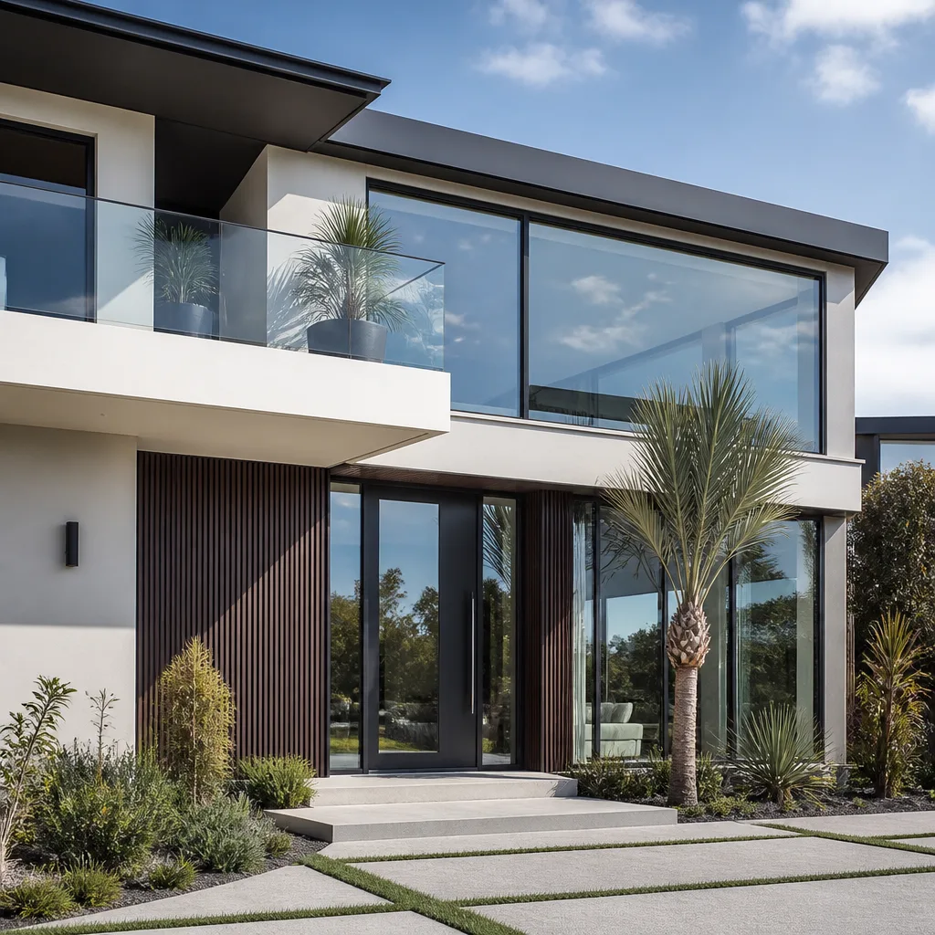Modern house exterior with high-end door replacement and contemporary window installation