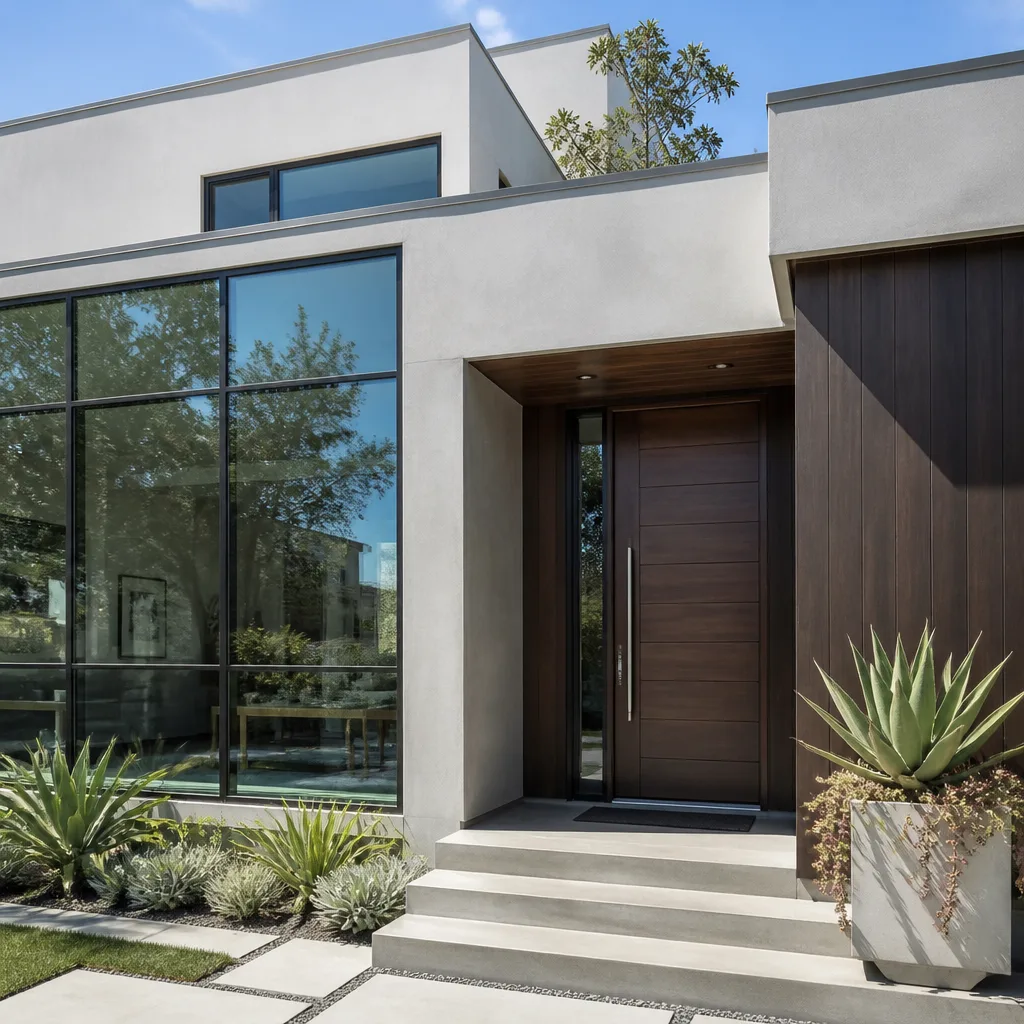 Modern house exterior featuring a custom wood door and large glass windows