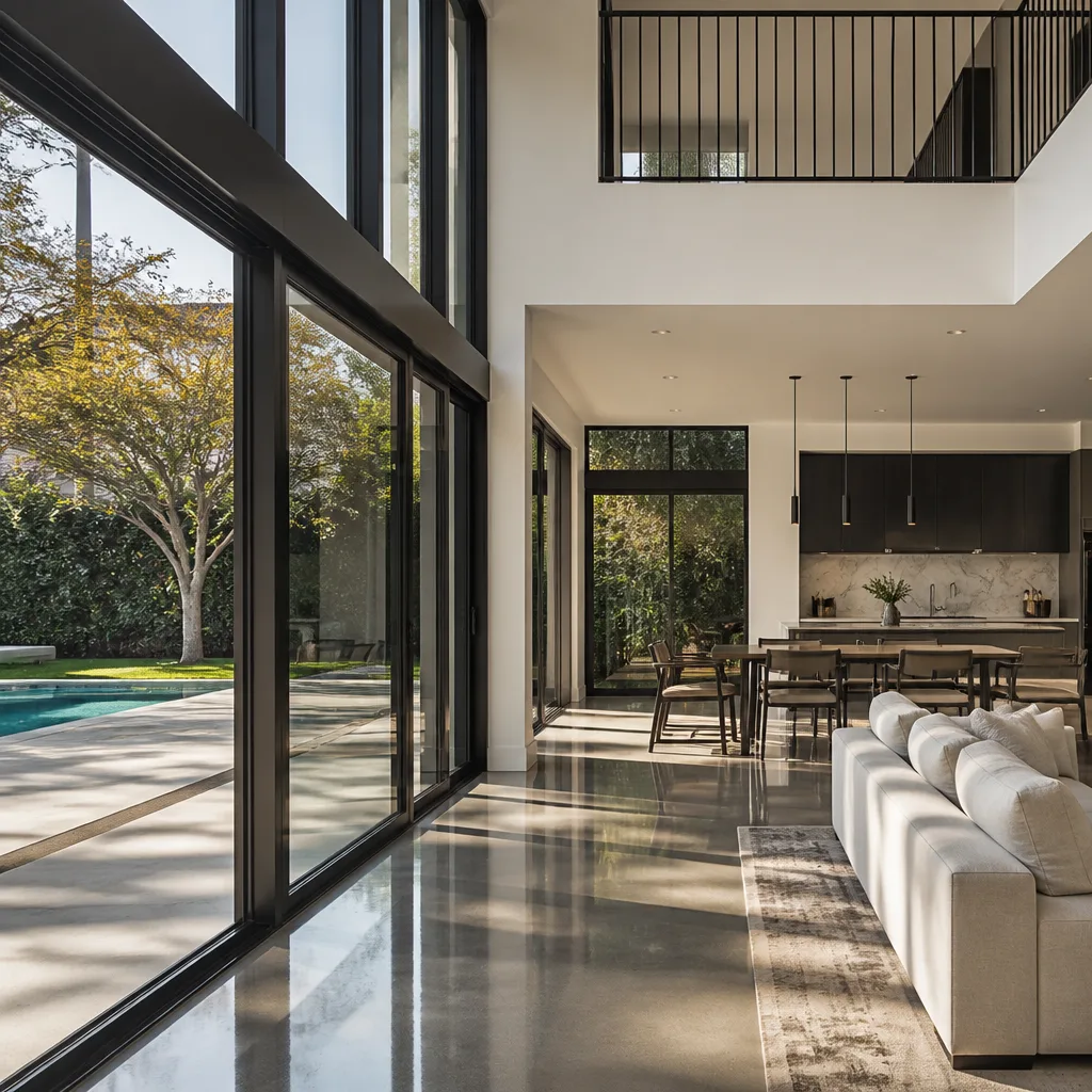 Modern floor-to-ceiling glass sliding door installation in a luxury home