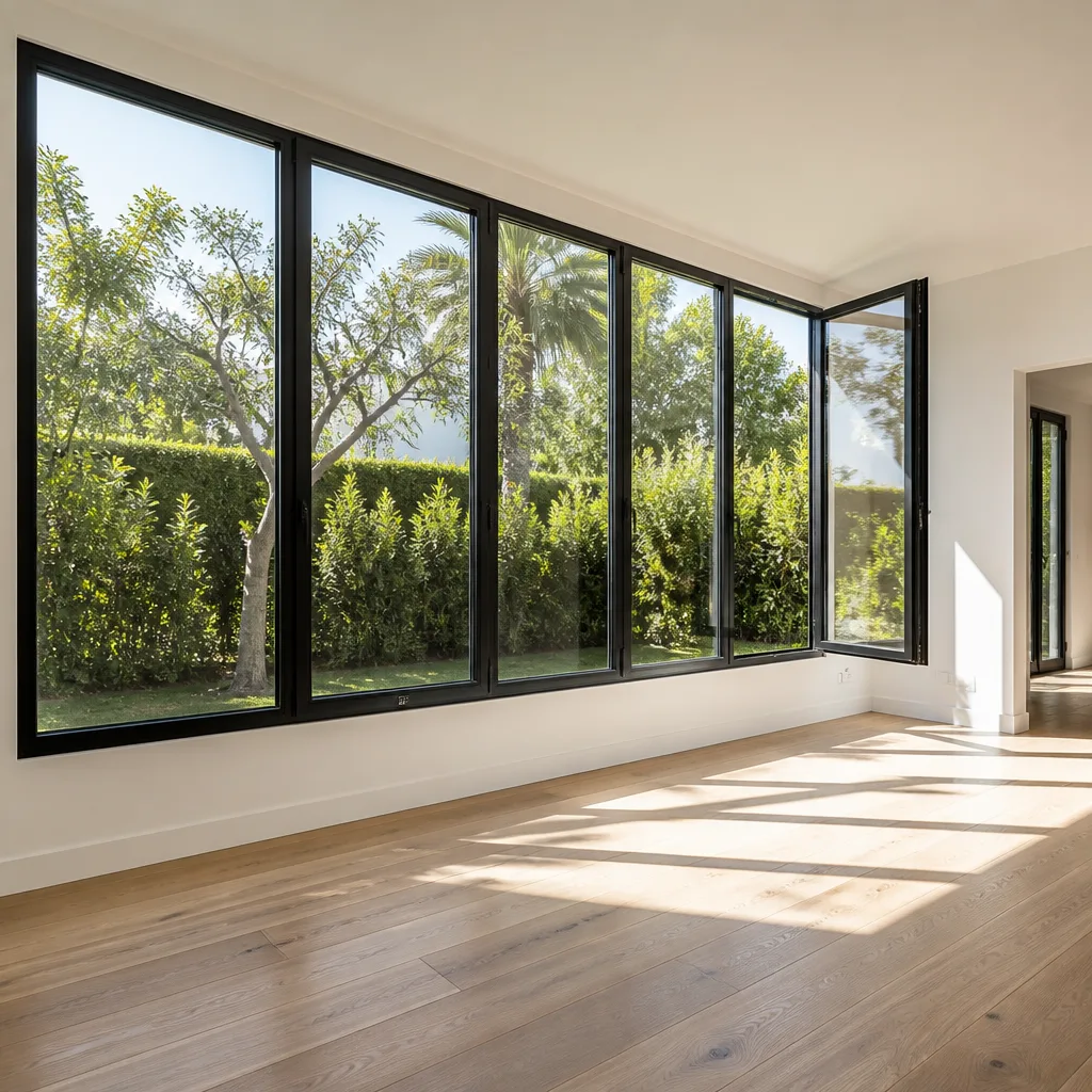 Modern floor-to-ceiling black-framed window installation overlooking a lush green garden in Long Beach, CA