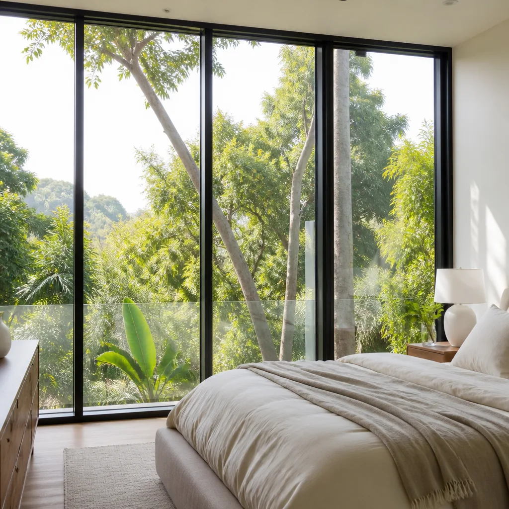 Modern bedroom with expansive floor-to-ceiling window installation.